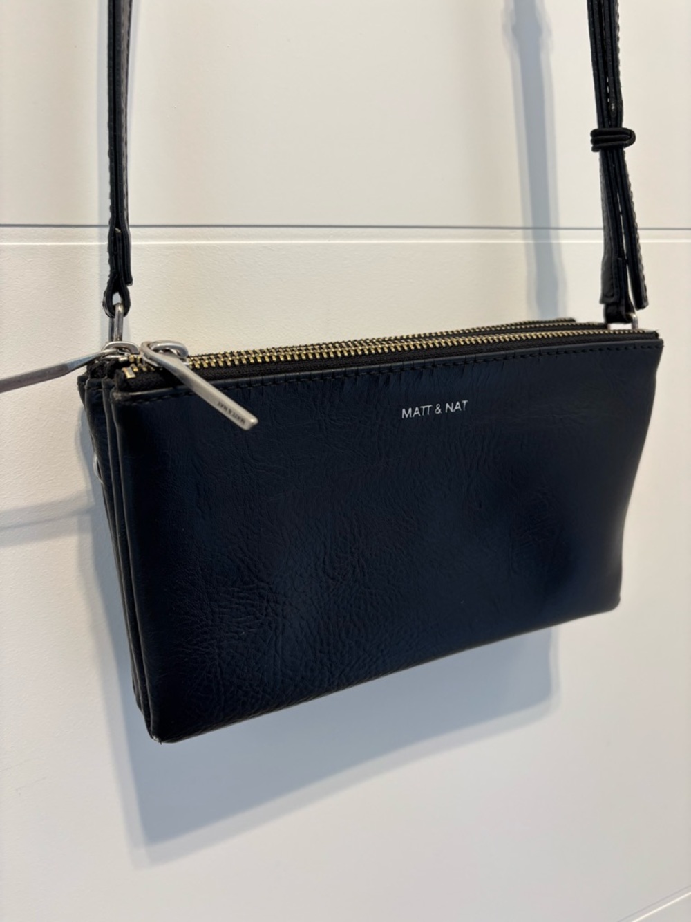Matt & Nat Black Vegan Leather Chic Triple-Zip Crossbody Bag